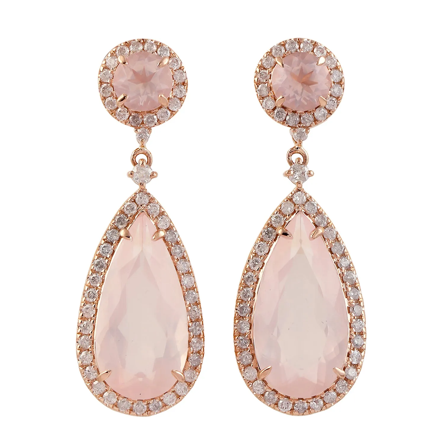 Pink Quartz & Diamond Tear Drop Dangle Earrings Jewelry In 18k Rose Gold For Her