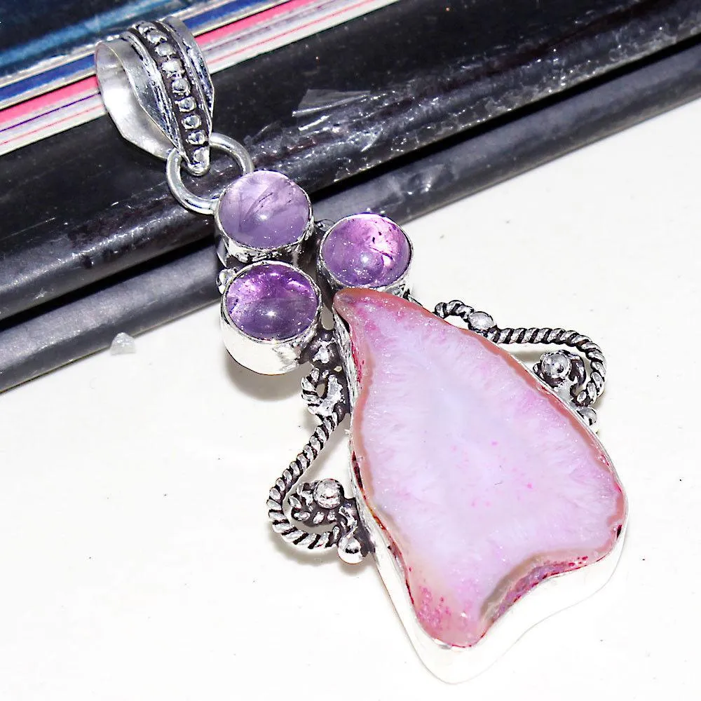 Pink Solar Quartz & Purple Amethyst Handmade .925 Silver Plated Pendant