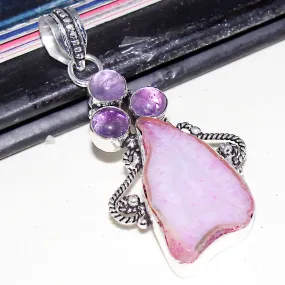 Pink Solar Quartz & Purple Amethyst Handmade .925 Silver Plated Pendant