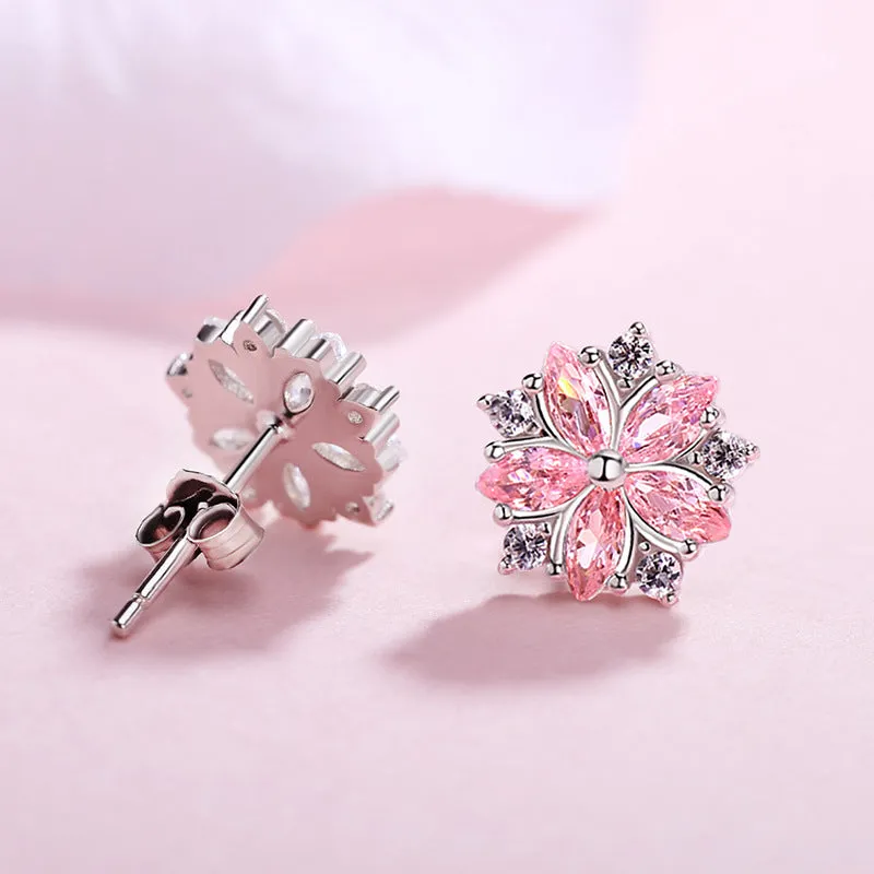 Pink Zircon Cherry Blossoms Silver Studs Earrings for Women