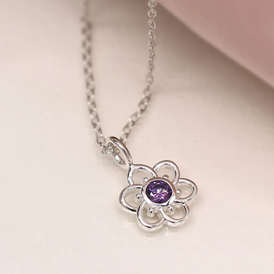 POM Sterling Silver Flower Purple Crystal Necklace