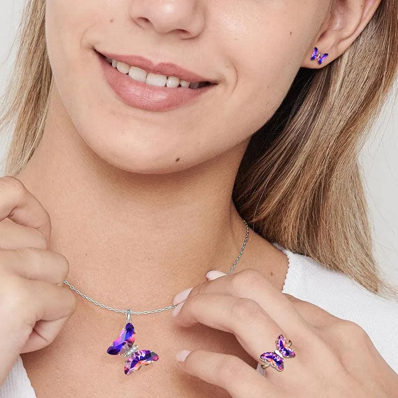 Purple Butterfly Jewelry Set 4PCS February Amethyst Birthstone Women Girls Birthday Gifts