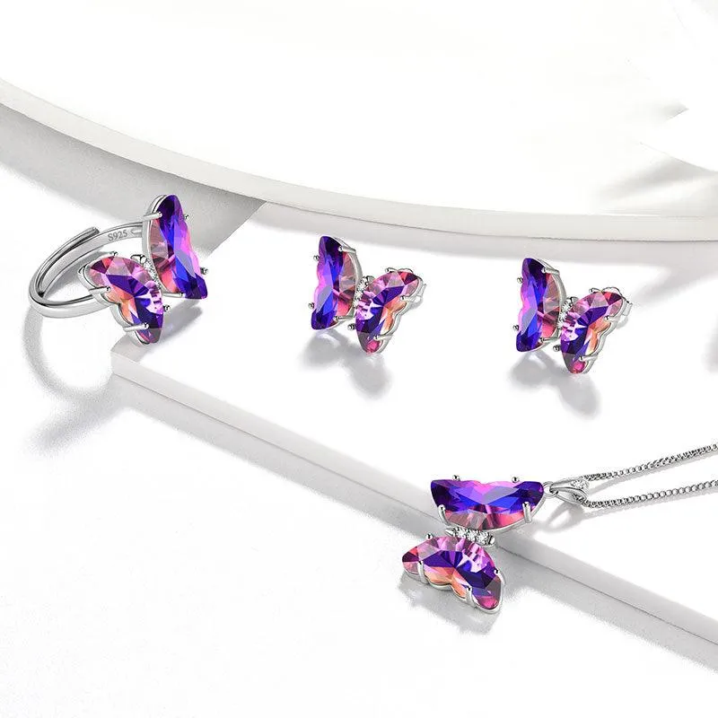 Purple Butterfly Jewelry Set 4PCS February Amethyst Birthstone Women Girls Birthday Gifts