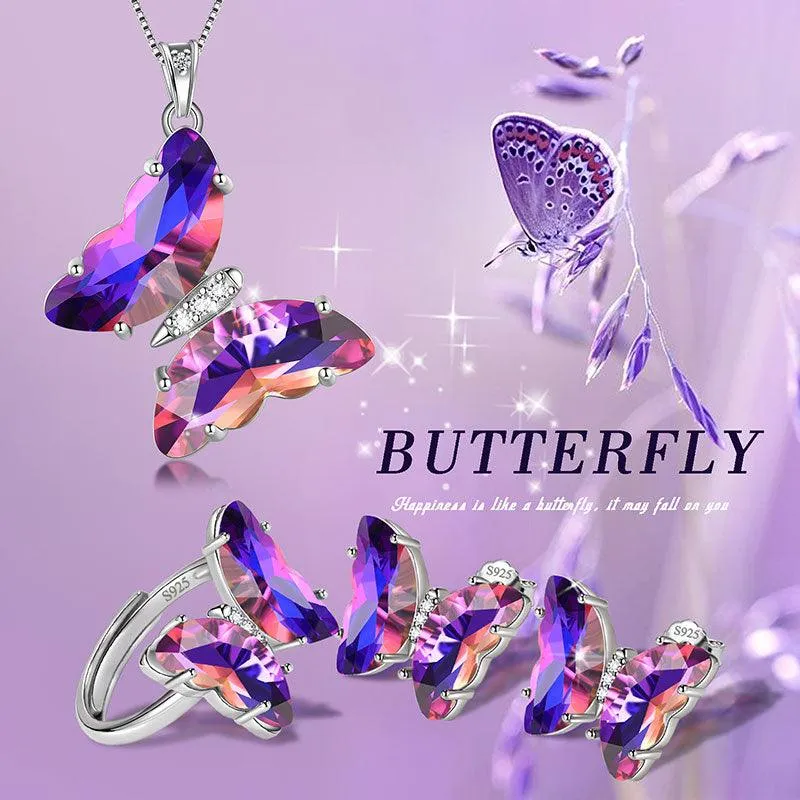 Purple Butterfly Jewelry Set 4PCS February Amethyst Birthstone Women Girls Birthday Gifts