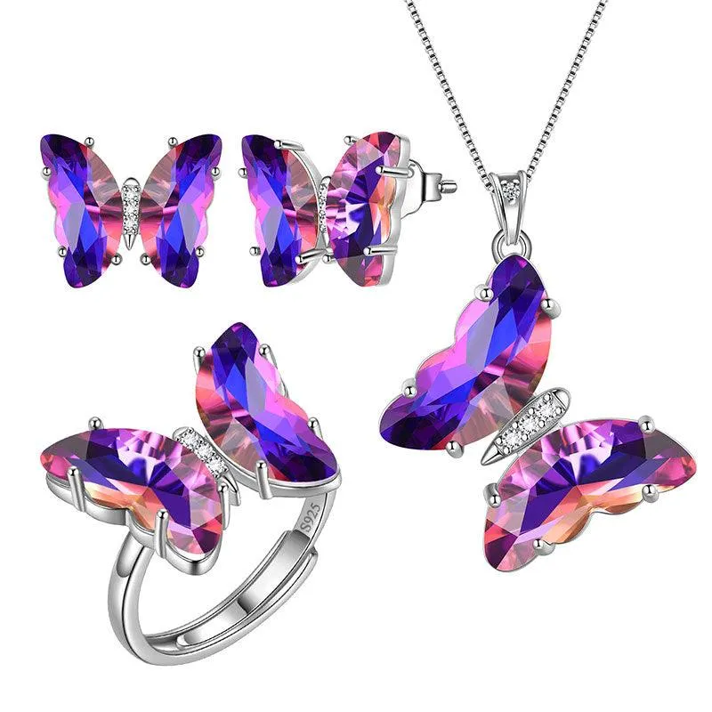 Purple Butterfly Jewelry Set 4PCS February Amethyst Birthstone Women Girls Birthday Gifts