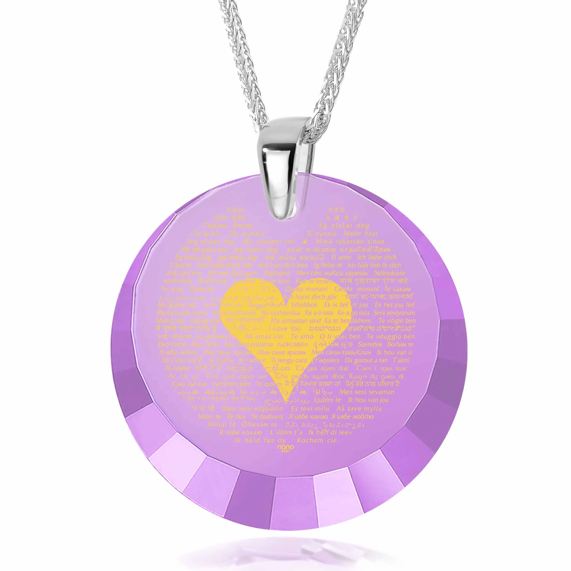 "I Love You" in 120 Languages, 14k White Gold Necklace, Zirconia