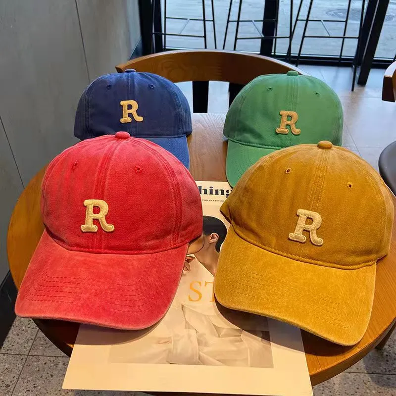 R Letter Kpop Style Women Cap Teens Washed Cotton Baseball Cap Female Casual Outdoor Adjustable Streetwear Hats
