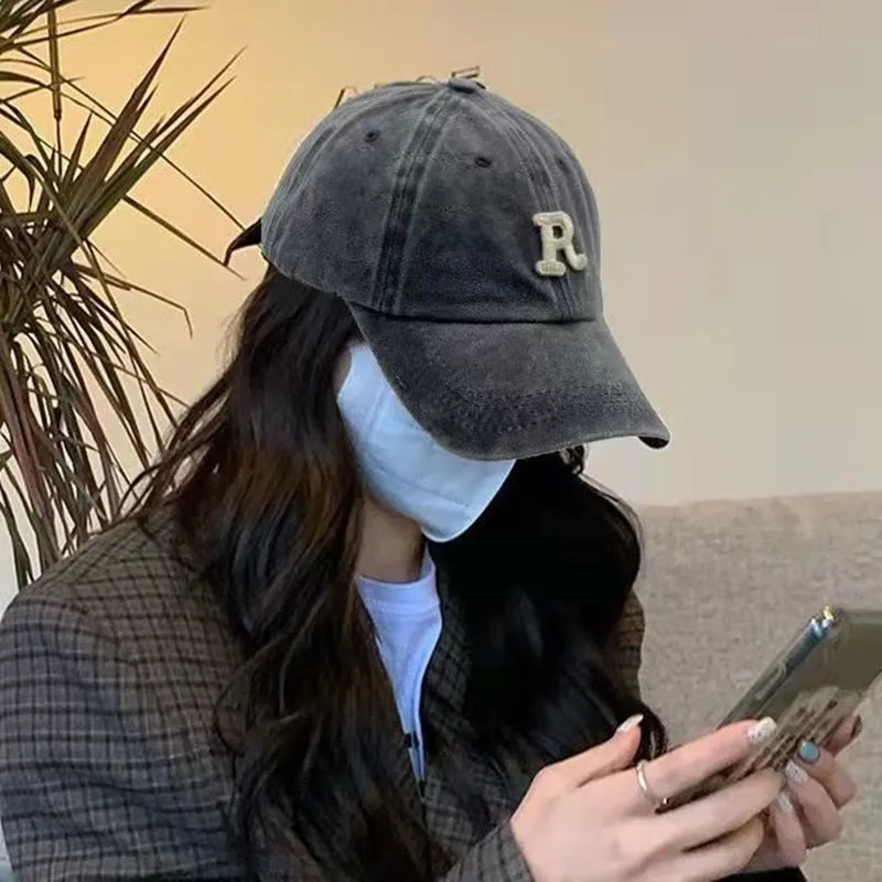 R Letter Kpop Style Women Cap Teens Washed Cotton Baseball Cap Female Casual Outdoor Adjustable Streetwear Hats