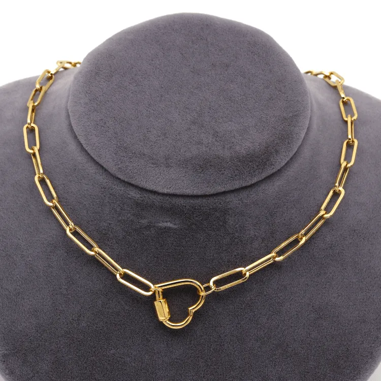 Real Gold Paper Clip With Dangler Heart Screw Lock Necklace 1666 (40 C.M) N1355