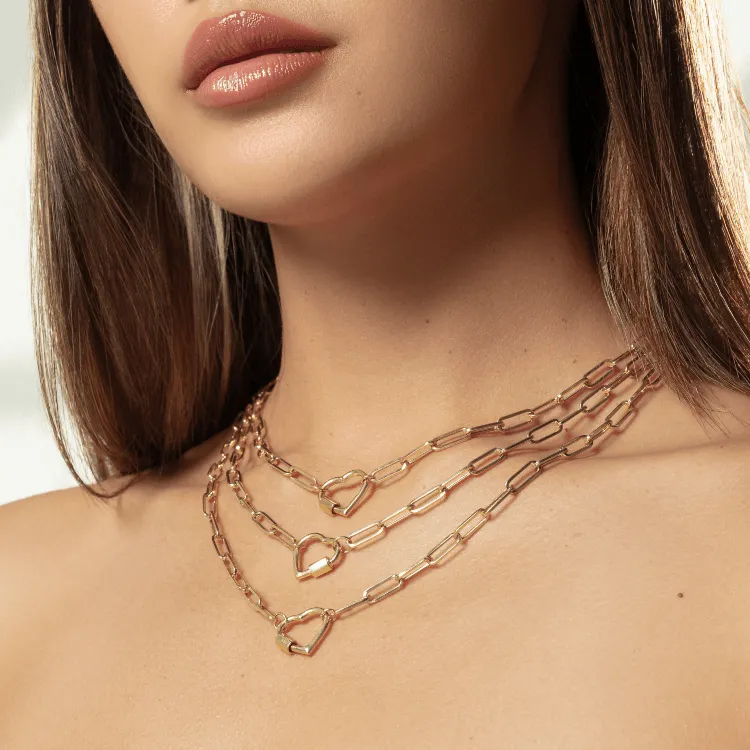 Real Gold Paper Clip With Dangler Heart Screw Lock Necklace 1666 (40 C.M) N1355
