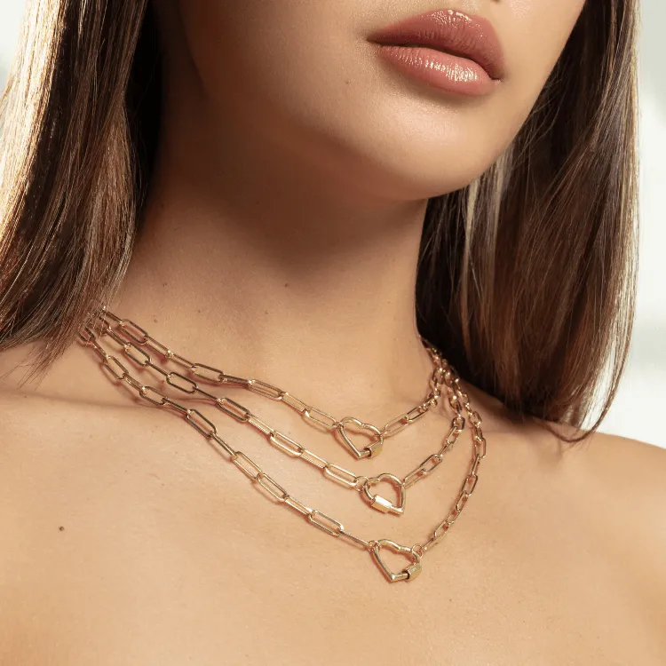Real Gold Paper Clip With Dangler Heart Screw Lock Necklace 1666 (40 C.M) N1355