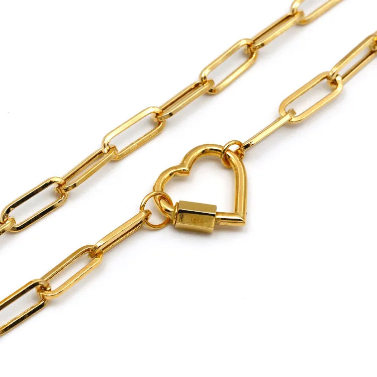 Real Gold Paper Clip With Dangler Heart Screw Lock Necklace 1666 (40 C.M) N1355