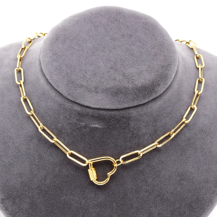 Real Gold Paper Clip With Dangler Heart Screw Lock Necklace 1666 (40 C.M) N1355
