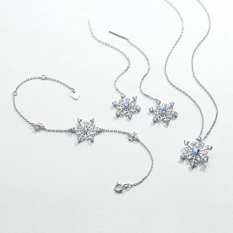Romantic Blue Spinel Zircon Hexagonal Snowflake Ear Line Sterling Silver Earrings