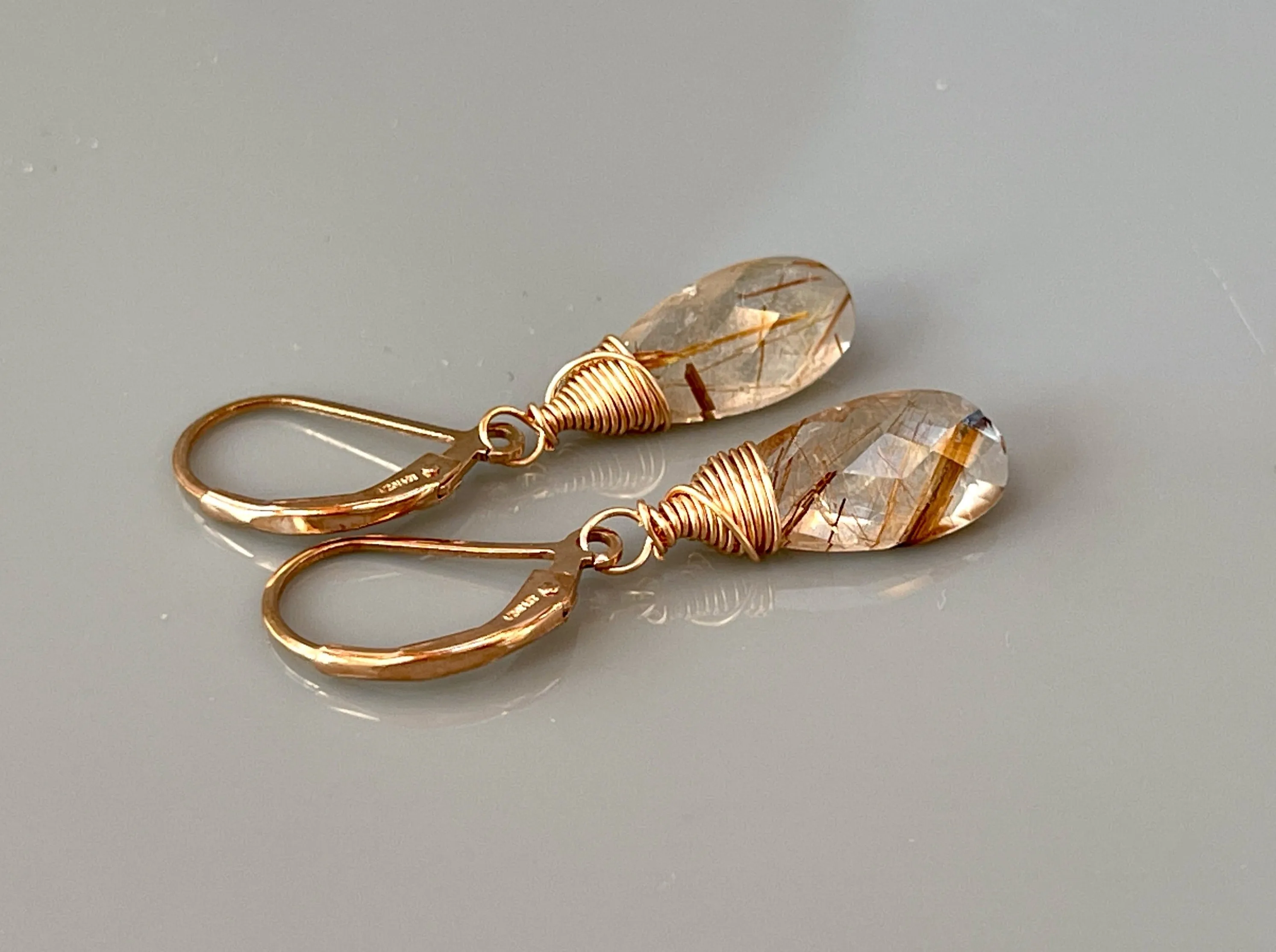 Rose Gold Rutilated Quartz earrings, Gold Rutilated Quartz Lever back Earrings