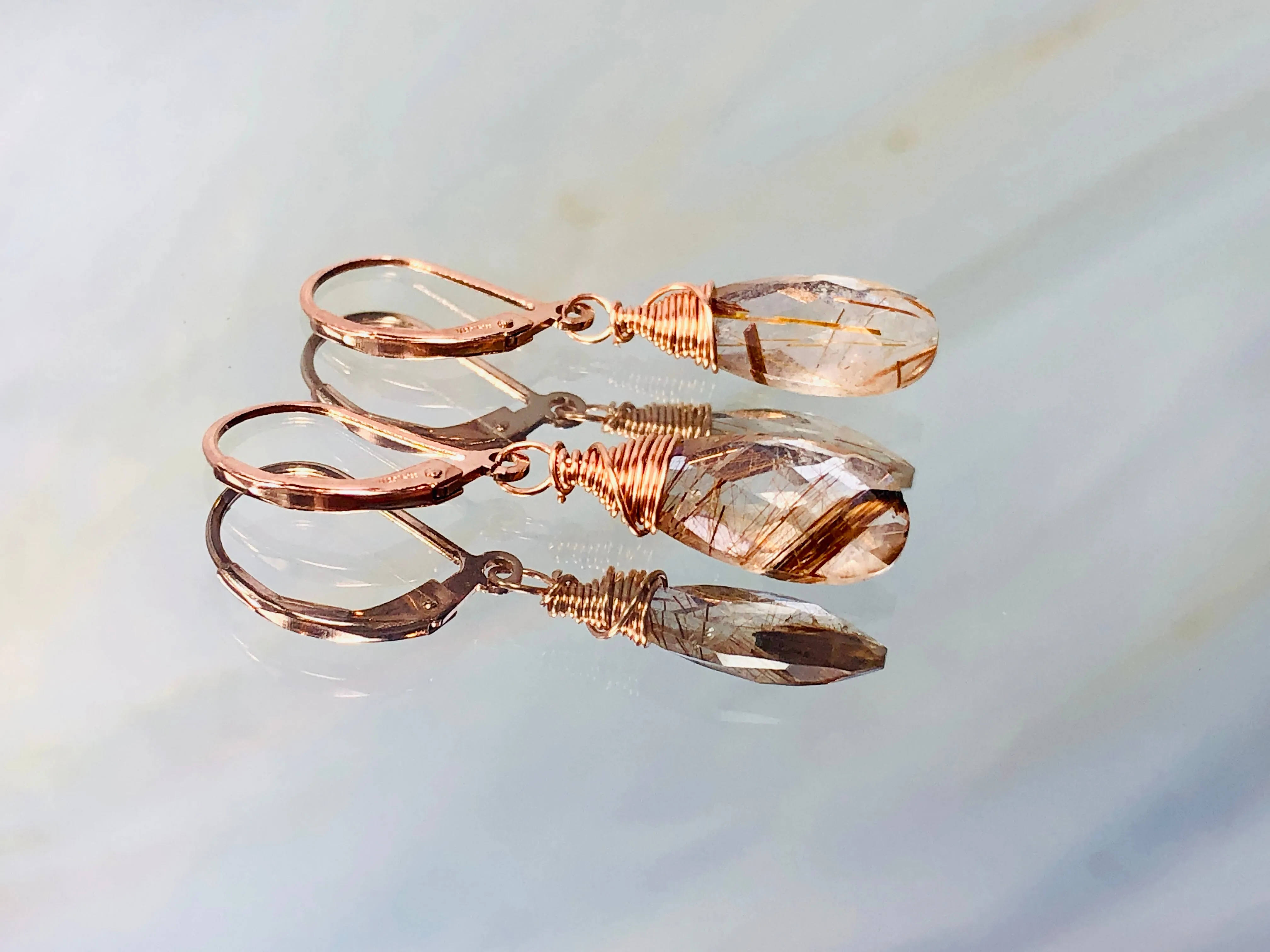 Rose Gold Rutilated Quartz earrings, Gold Rutilated Quartz Lever back Earrings