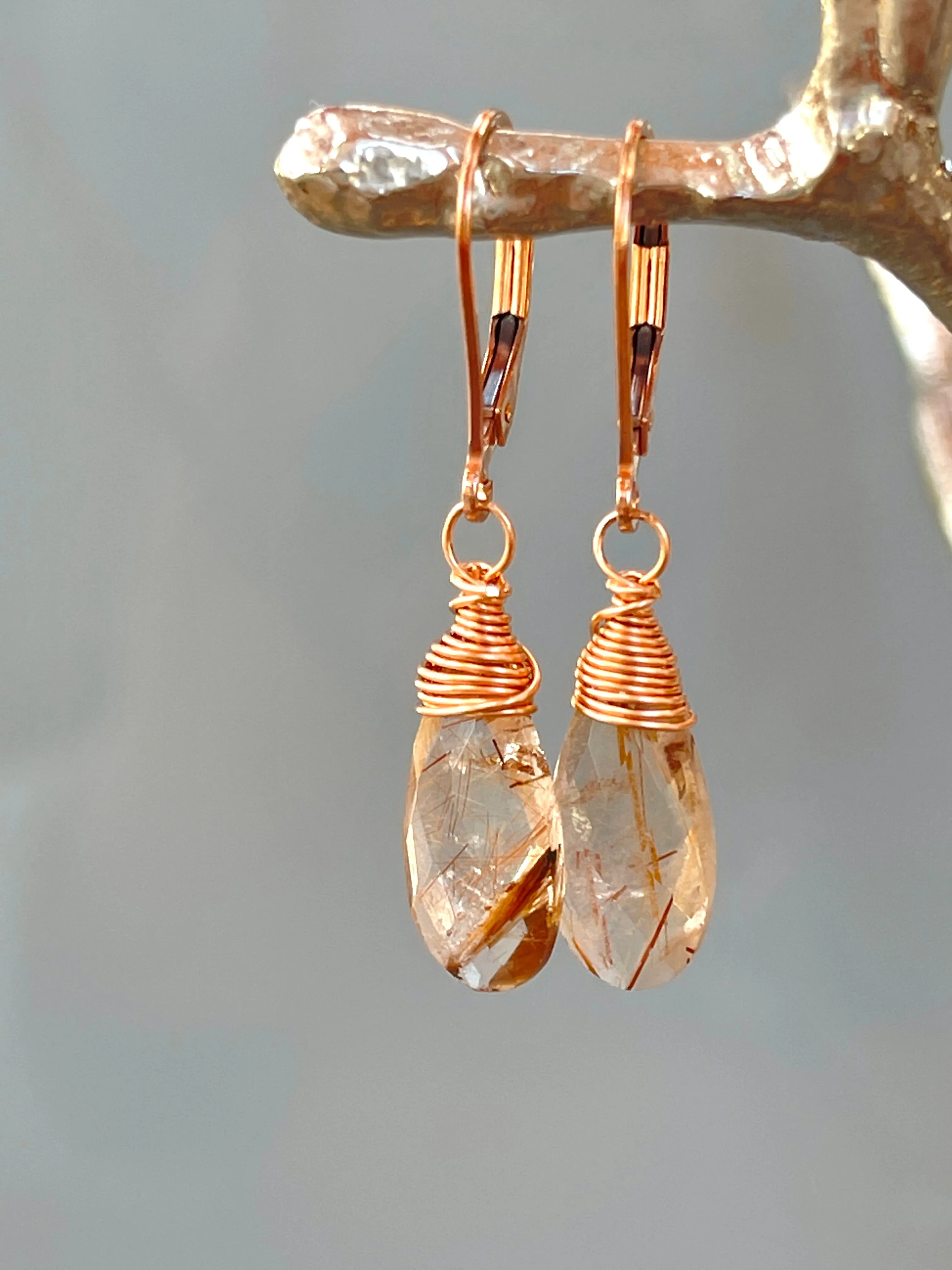 Rose Gold Rutilated Quartz earrings, Gold Rutilated Quartz Lever back Earrings