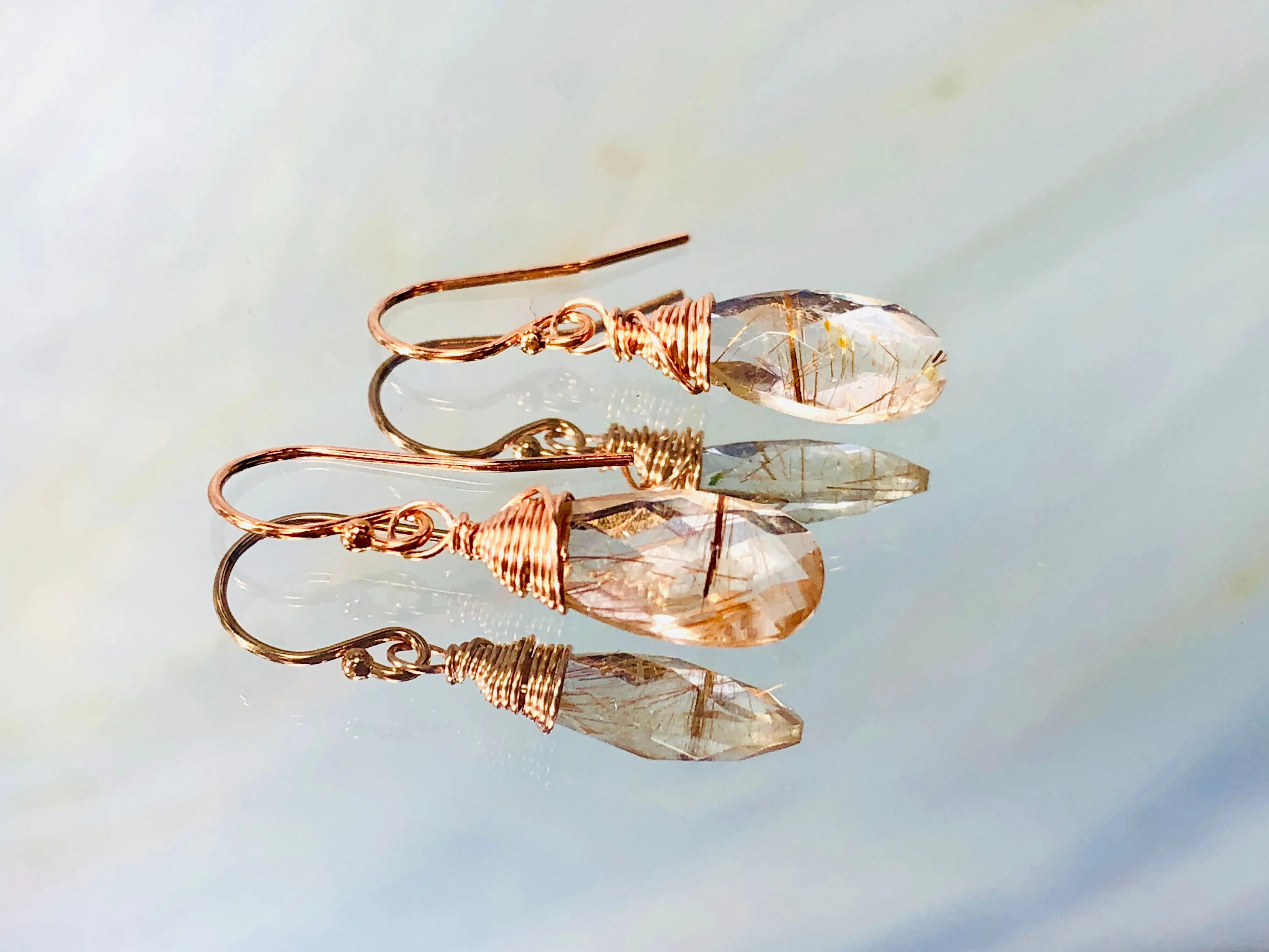 Rose Gold Rutilated Quartz earrings, Gold Rutilated Quartz Lever back Earrings