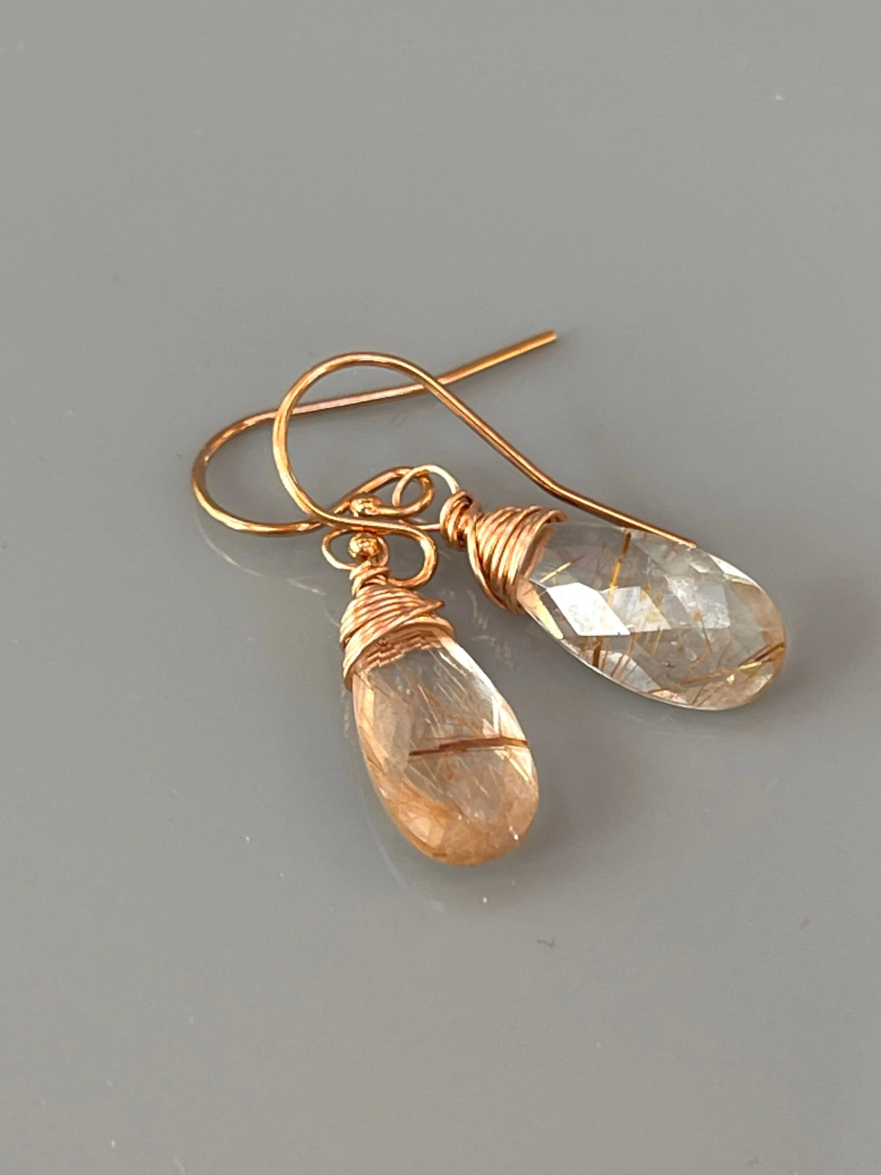 Rose Gold Rutilated Quartz earrings, Gold Rutilated Quartz Lever back Earrings