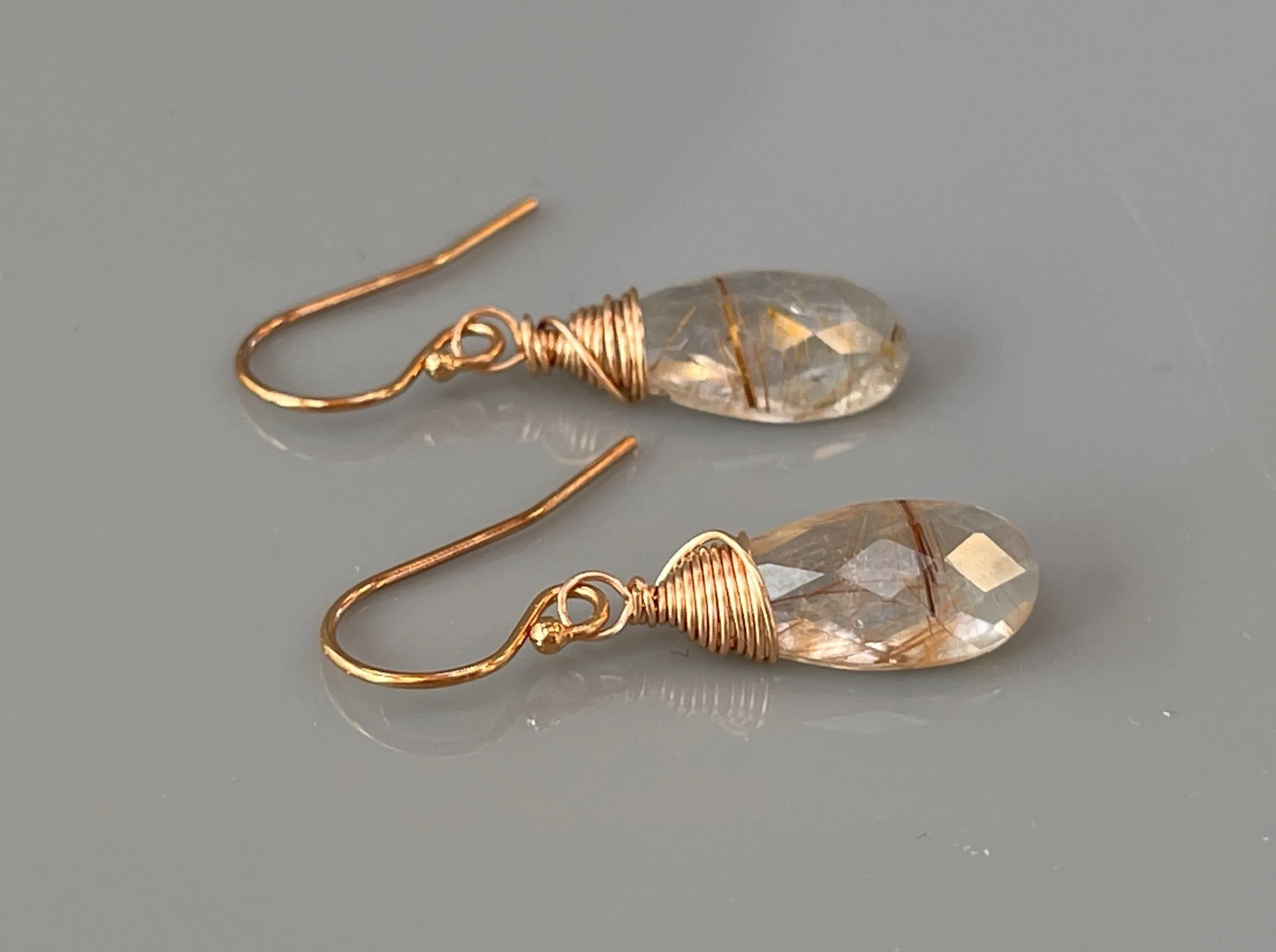 Rose Gold Rutilated Quartz earrings, Gold Rutilated Quartz Lever back Earrings
