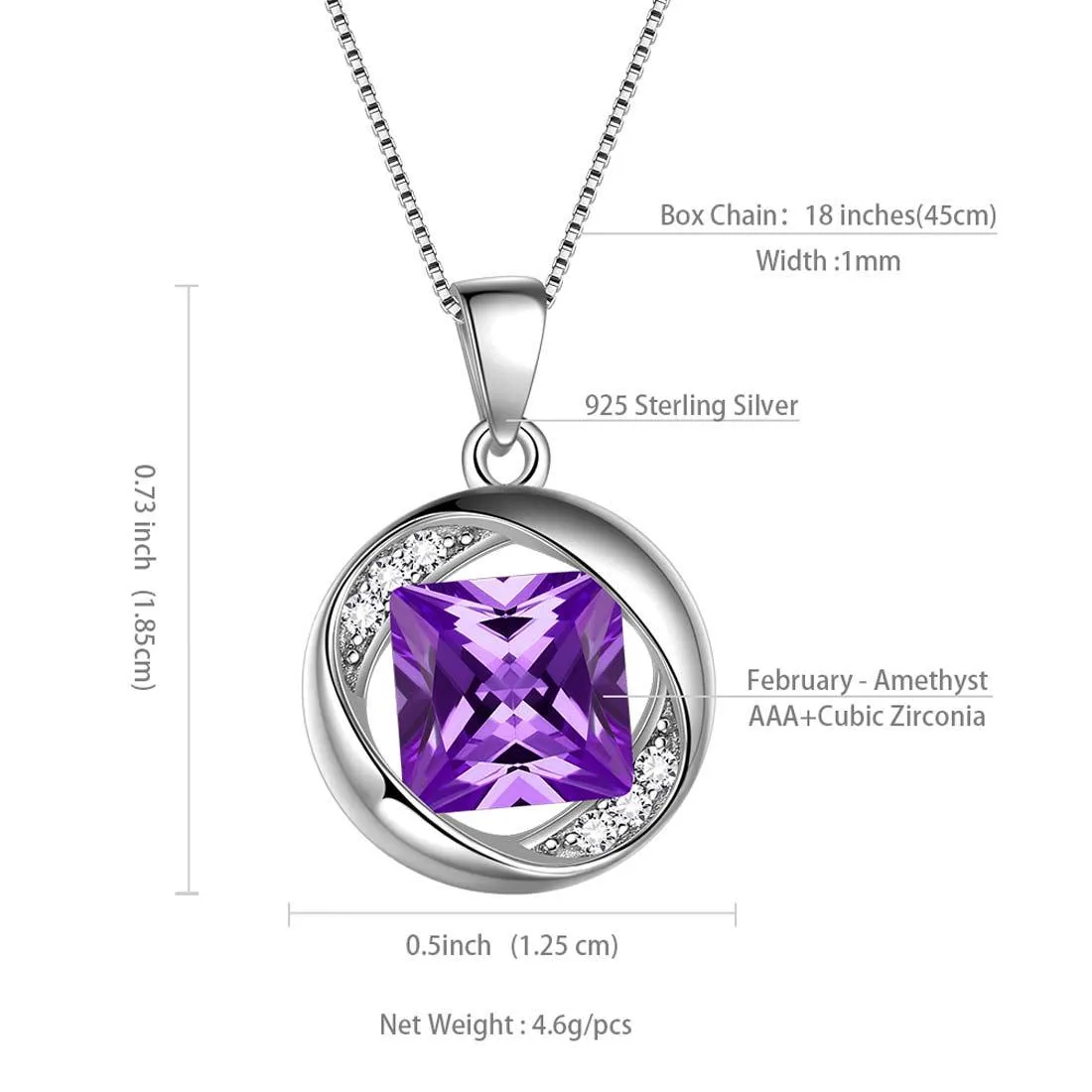Round Birthstone February Amethyst Necklace Pendant Women Girls Jewelry Birthday Gift