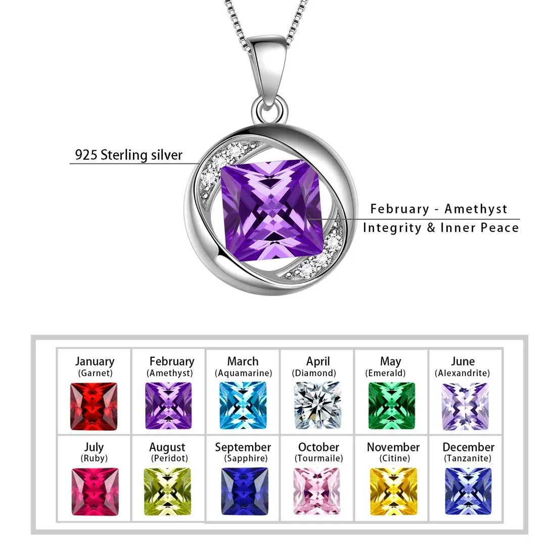 Round Birthstone February Amethyst Necklace Pendant Women Girls Jewelry Birthday Gift