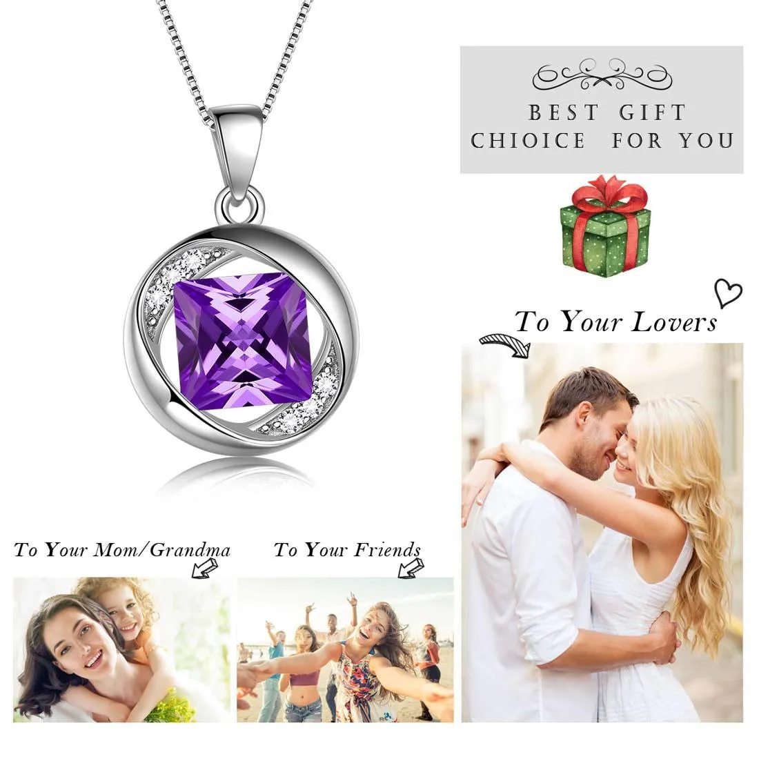 Round Birthstone February Amethyst Necklace Pendant Women Girls Jewelry Birthday Gift