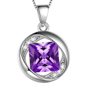 Round Birthstone February Amethyst Necklace Pendant Women Girls Jewelry Birthday Gift
