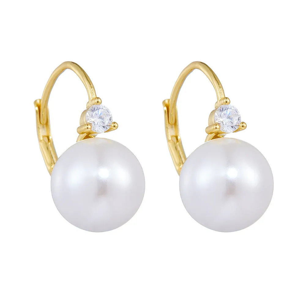 Round Pearl Small Zircon Sterling Silver Hoop Earrings