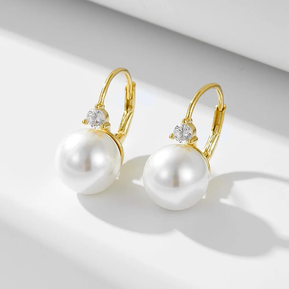 Round Pearl Small Zircon Sterling Silver Hoop Earrings