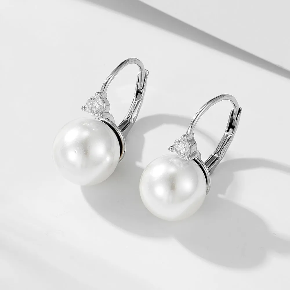 Round Pearl Small Zircon Sterling Silver Hoop Earrings