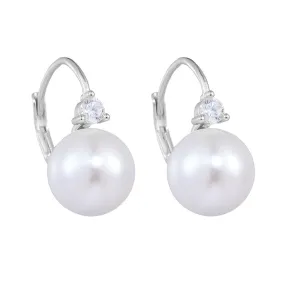 Round Pearl Small Zircon Sterling Silver Hoop Earrings
