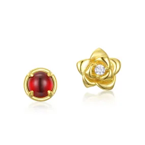 Round Red Garnet Rose Zircon Asymmetric Sterling Silver Earrings