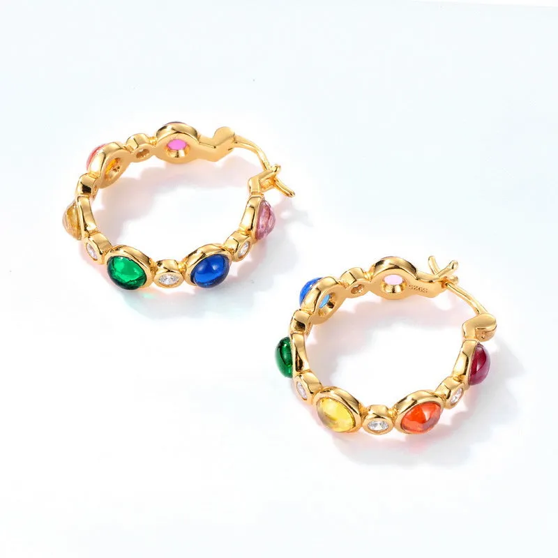 Round Shape Colourful Zircon Silver Hoop Earrings