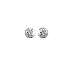 Round Zircon Crescent Moon Sterling Silver Stud Earrings