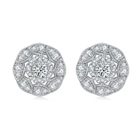 Round Zircon Soleste Halo Flower Silver Studs Earrings for Women