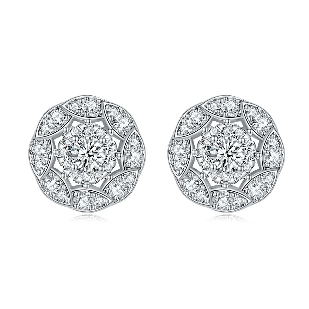 Round Zircon Soleste Halo Flower Silver Studs Earrings for Women