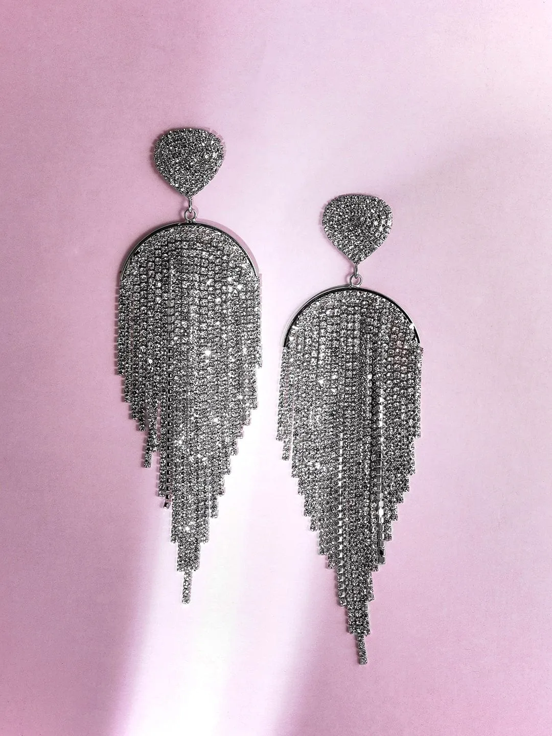 Rubans Rhodium Plated Heart Shape & Zirconia Studded Multilayered Shoulder Duster Earrings