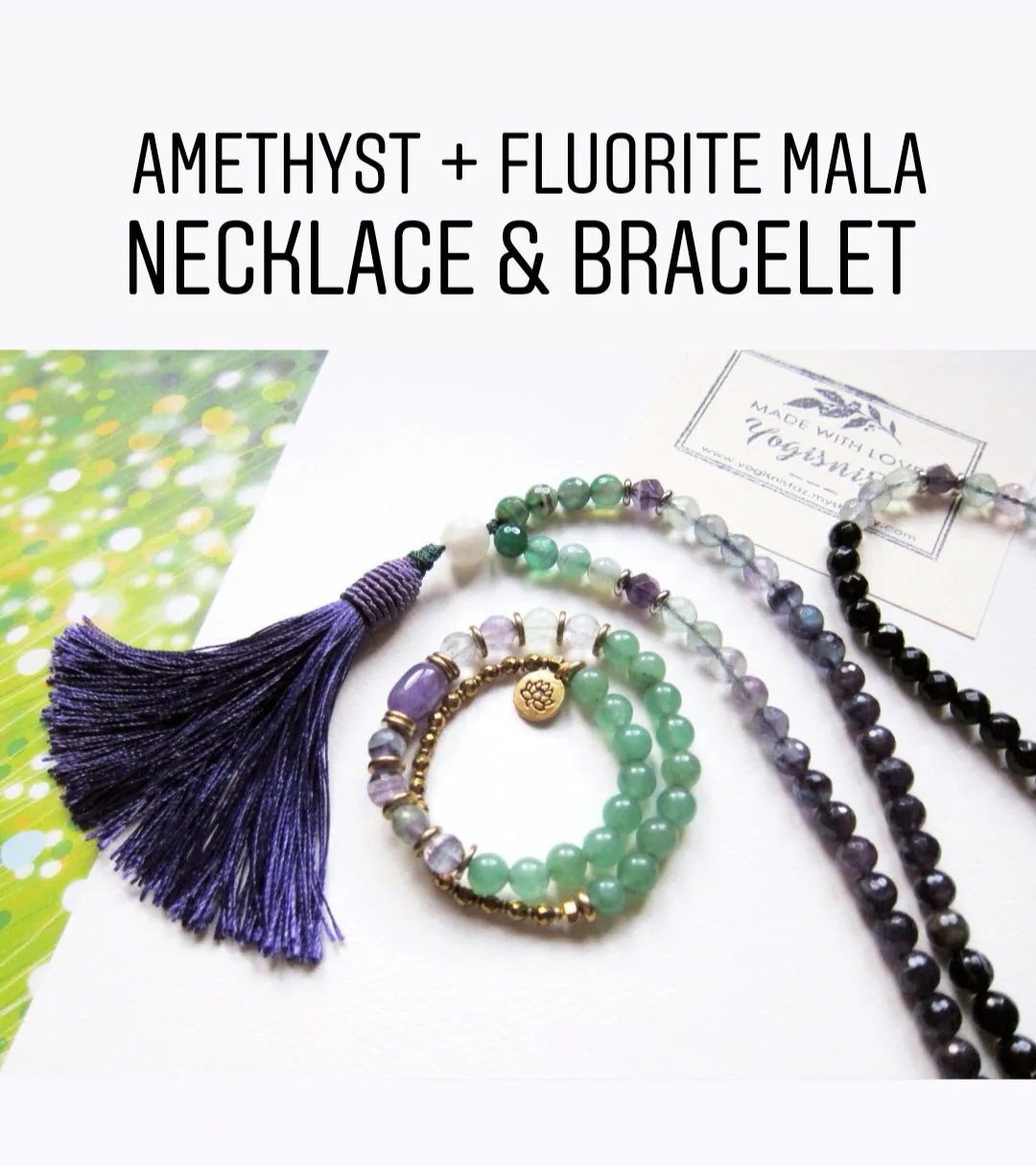 SALE - 2 pc set -108 Mala Necklace in Fluorite, Amethyst   27 Bead Mala Bracelet