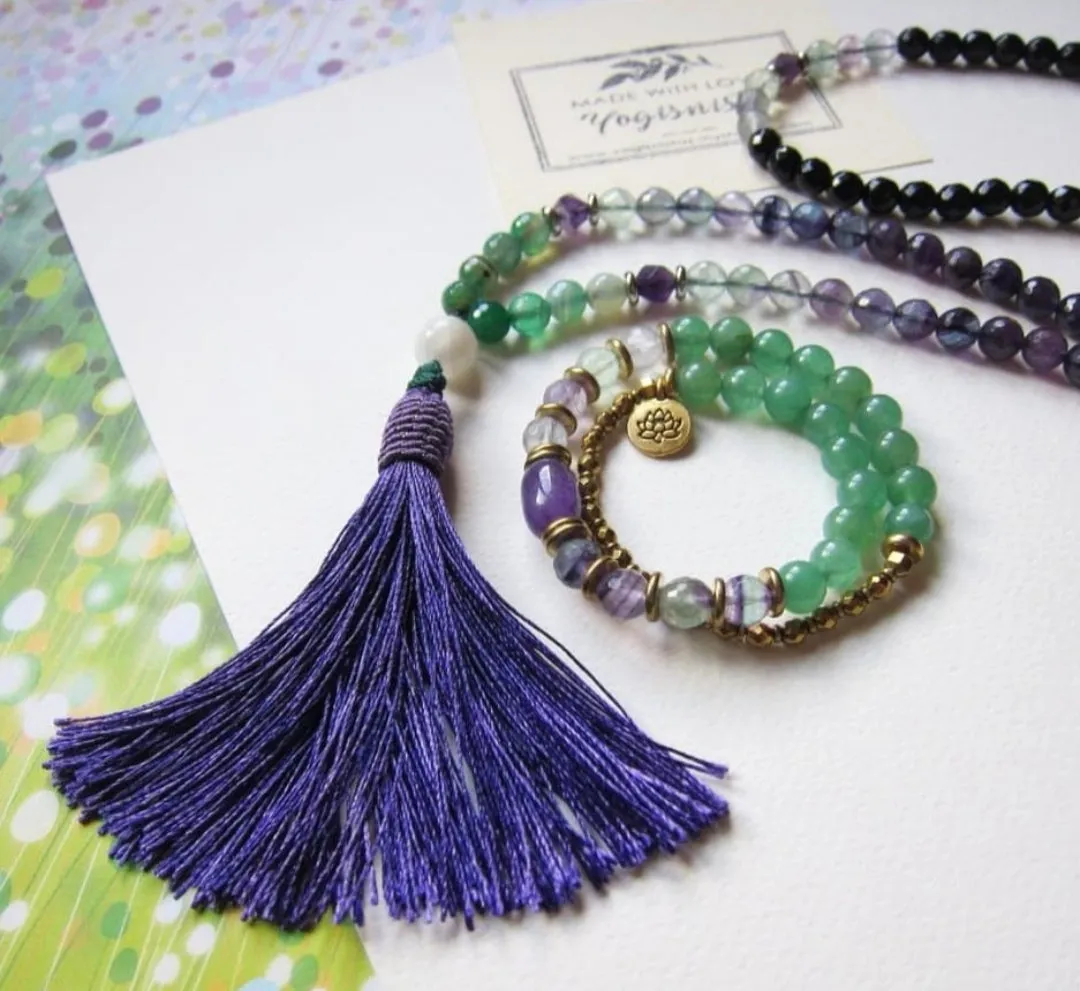 SALE - 2 pc set -108 Mala Necklace in Fluorite, Amethyst   27 Bead Mala Bracelet