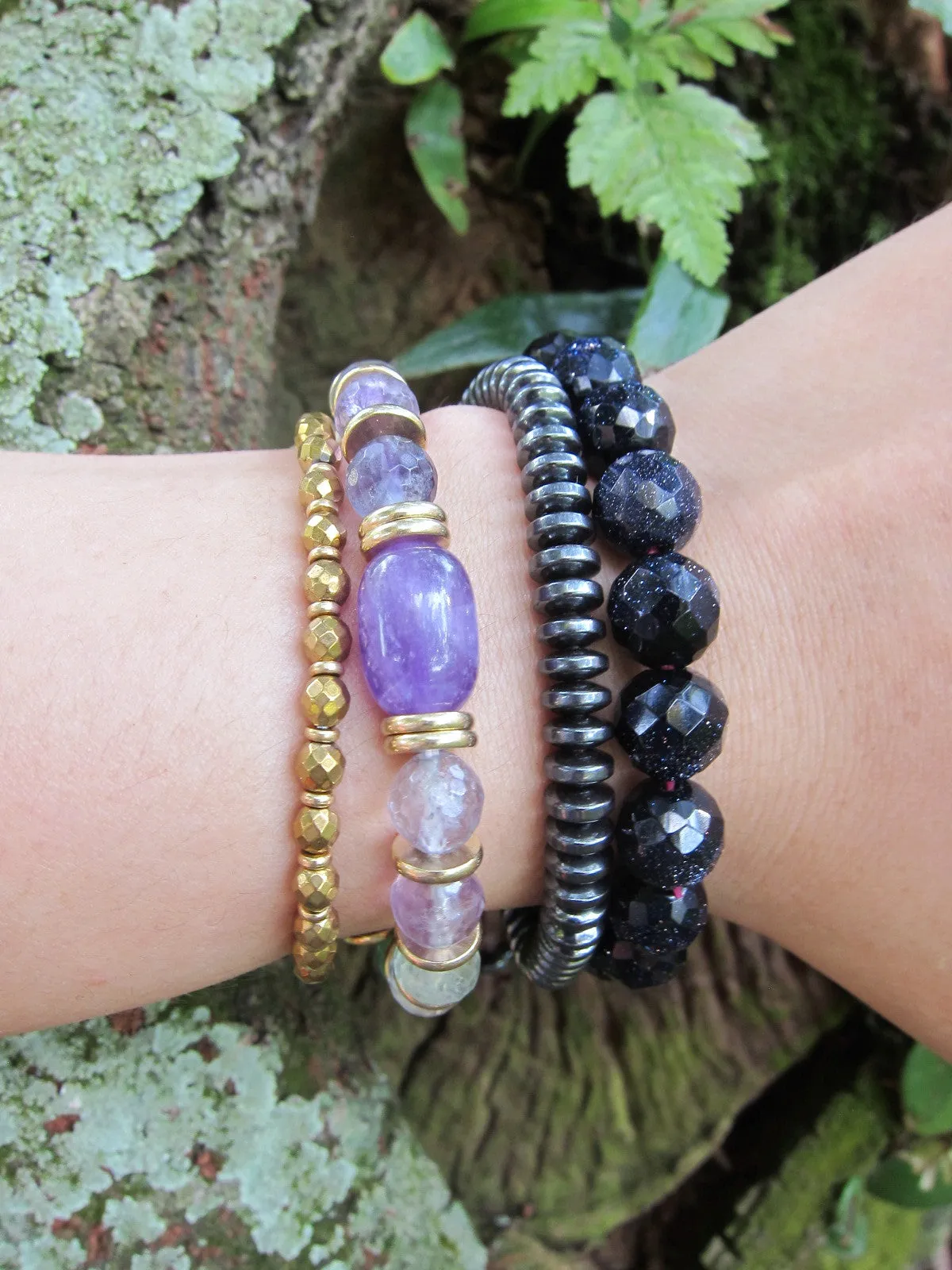 SALE - 2 pc set -108 Mala Necklace in Fluorite, Amethyst   27 Bead Mala Bracelet