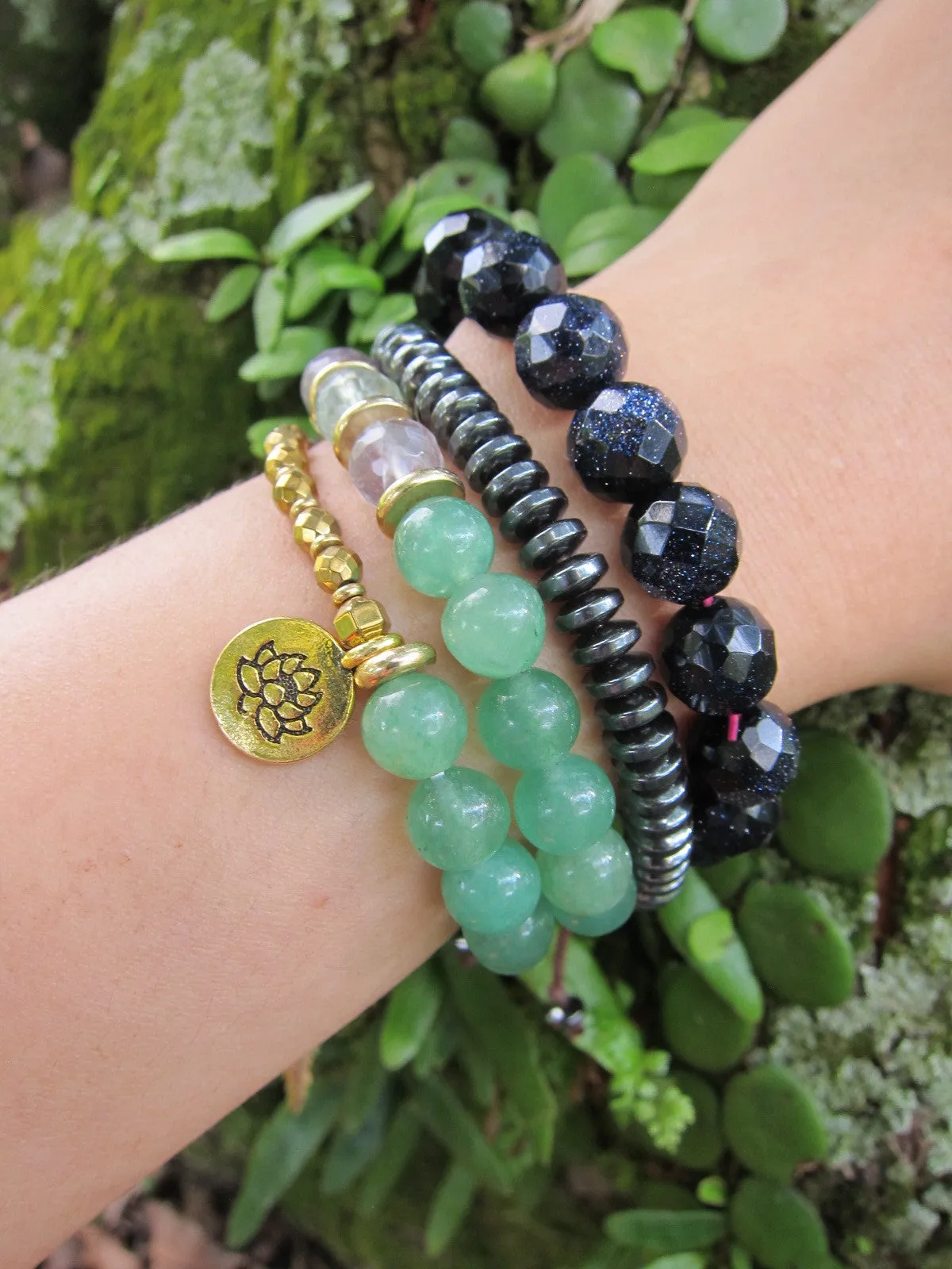 SALE - 2 pc set -108 Mala Necklace in Fluorite, Amethyst   27 Bead Mala Bracelet