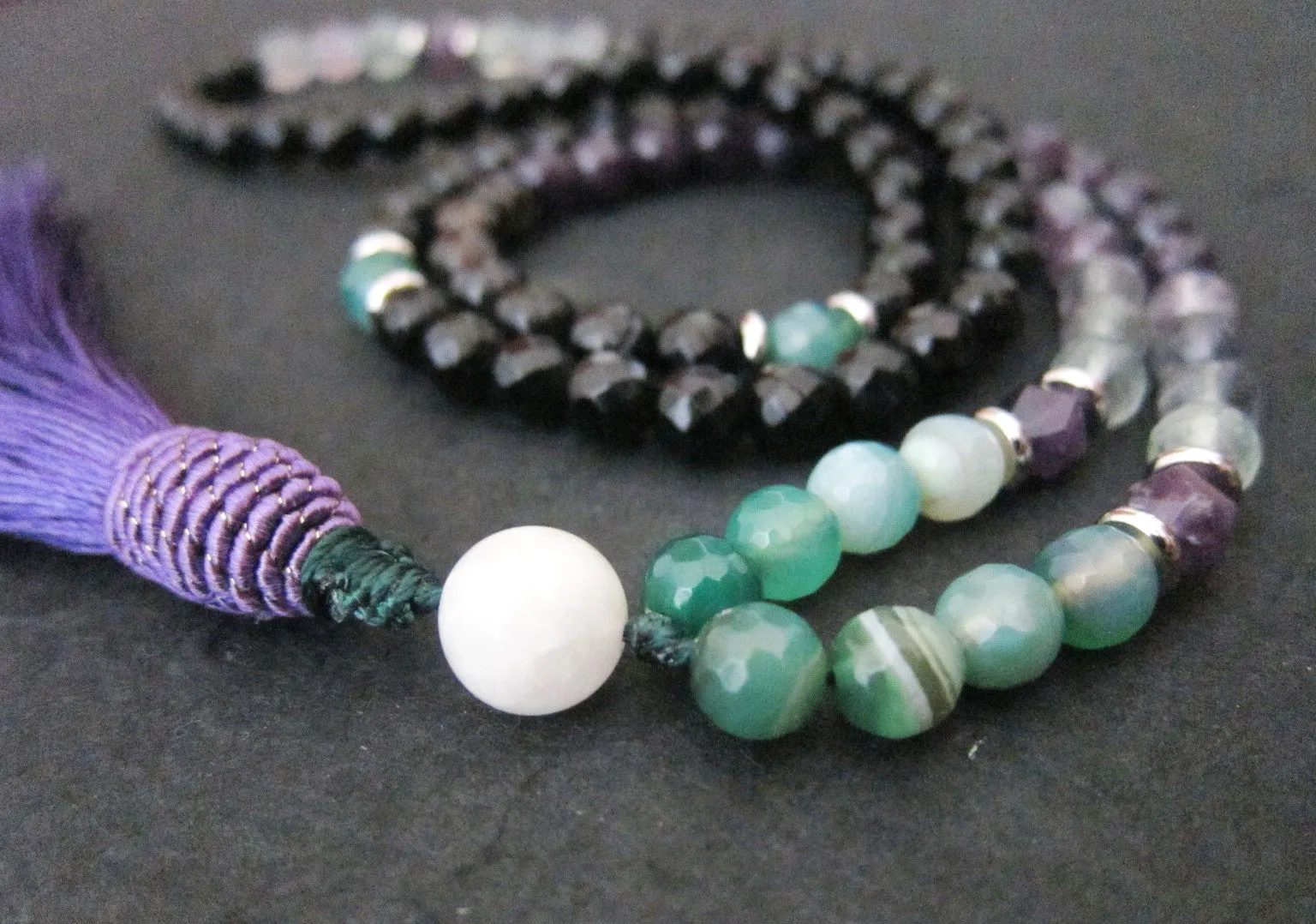 SALE - 2 pc set -108 Mala Necklace in Fluorite, Amethyst   27 Bead Mala Bracelet