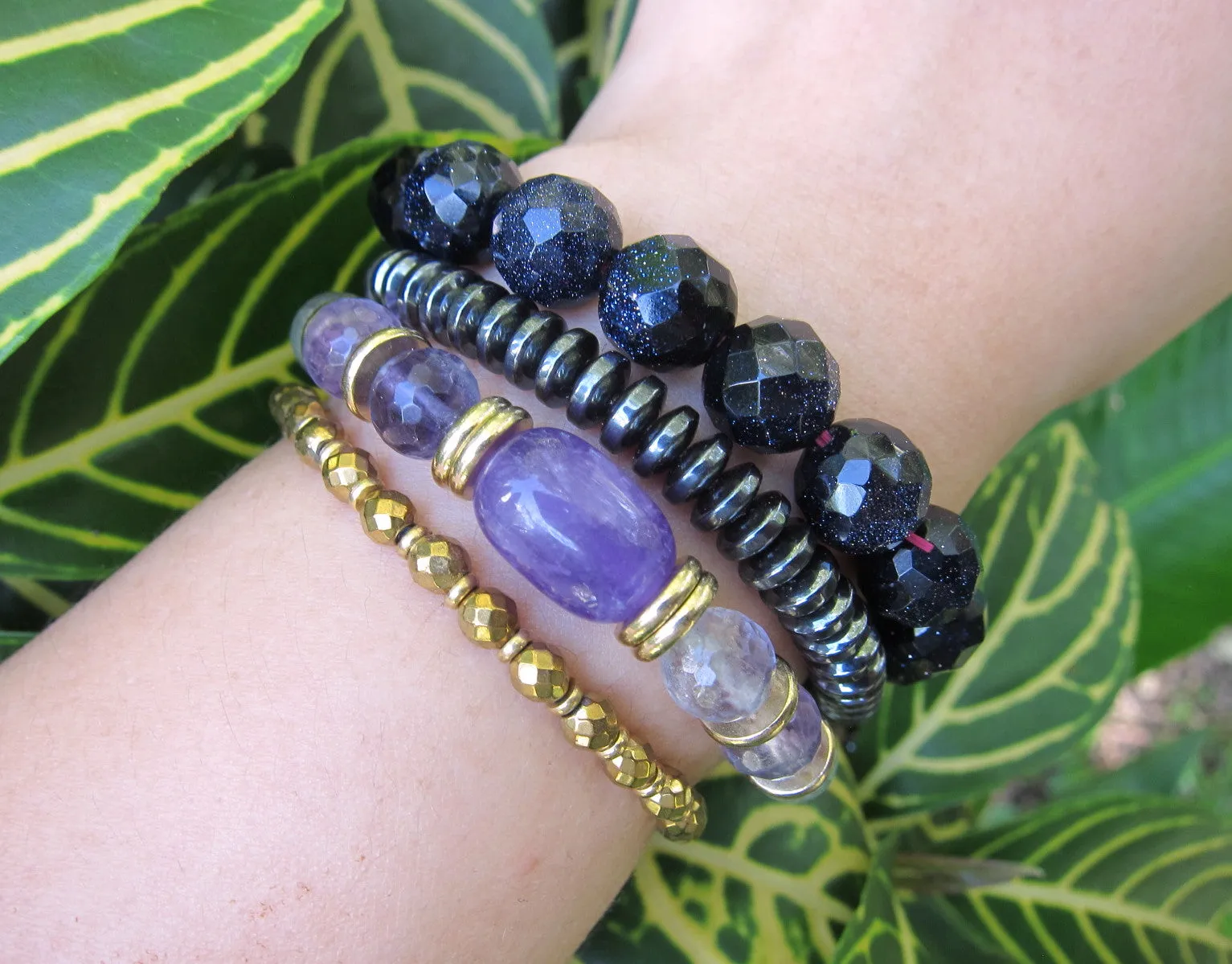 SALE - 2 pc set -108 Mala Necklace in Fluorite, Amethyst   27 Bead Mala Bracelet