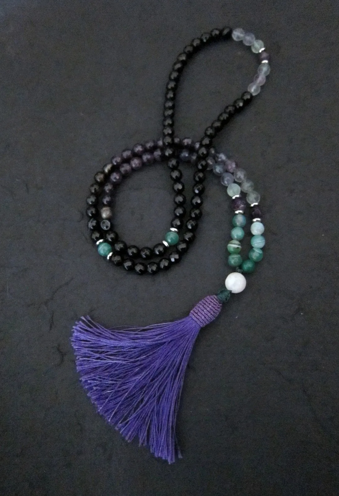 SALE - 2 pc set -108 Mala Necklace in Fluorite, Amethyst   27 Bead Mala Bracelet