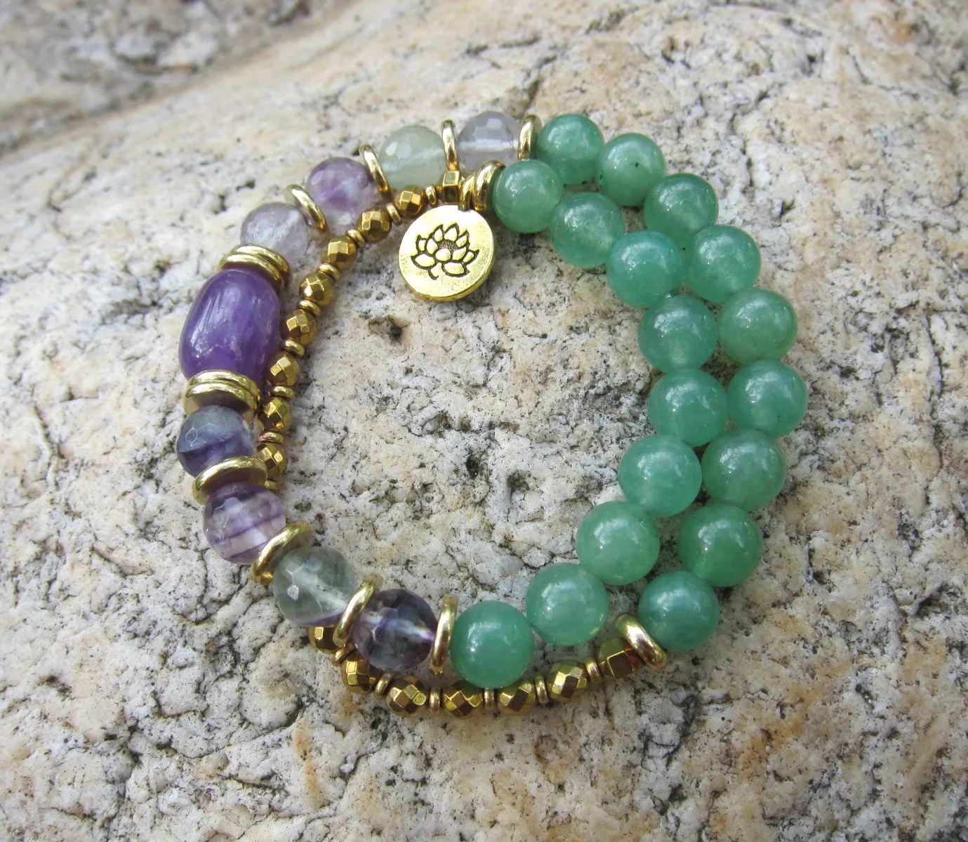 SALE - 2 pc set -108 Mala Necklace in Fluorite, Amethyst   27 Bead Mala Bracelet