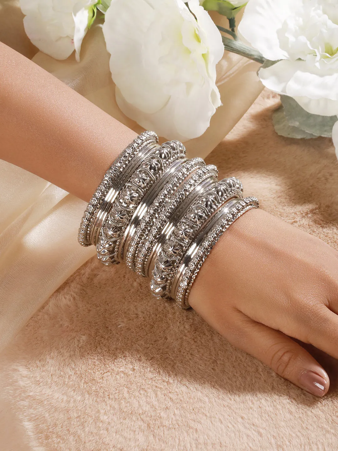Set Of 18 Silver-Plated Textured Oxidised Bangles Set