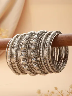 Set Of 18 Silver-Plated Textured Oxidised Bangles Set