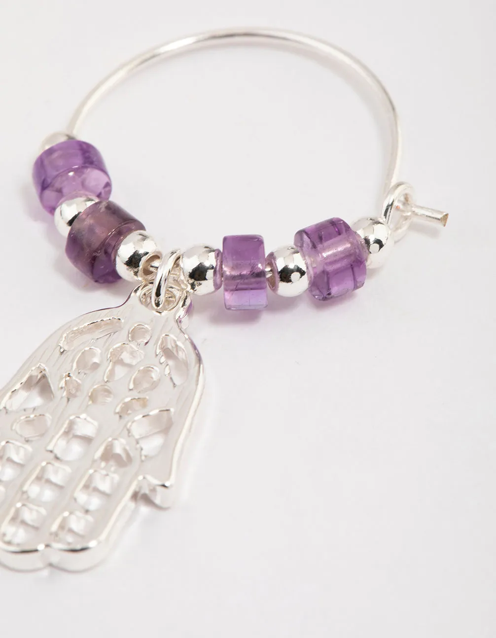 Silver Amethyst Beaded Texture Hoop Earrings