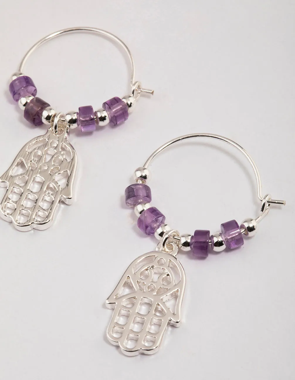 Silver Amethyst Beaded Texture Hoop Earrings